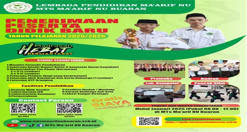 Ayo Daftar! MTs Ma’arif NU Buaran Pekalongan Siap Sambut Peserta Didik Baru 2025
